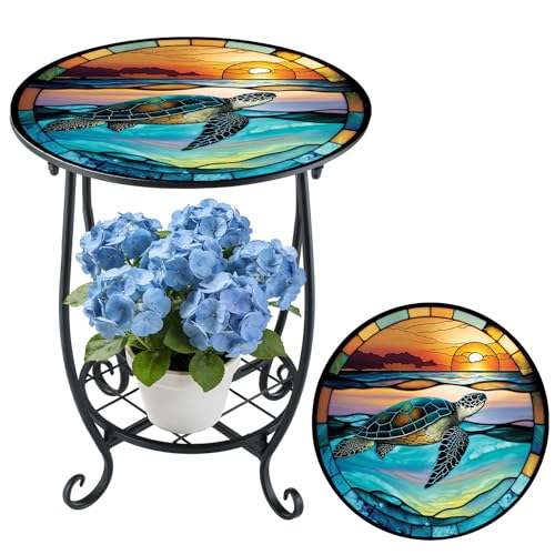 Cinnvoice Outdoor Side Table Round Small Mosaic Patio Accent Indoor End Plant Coffee Tea Table for Yard Patio Porch Garden Living Room, Bedroom(Turtle Style,12 Inch) - size: 12 Inch, style: Turtle Style