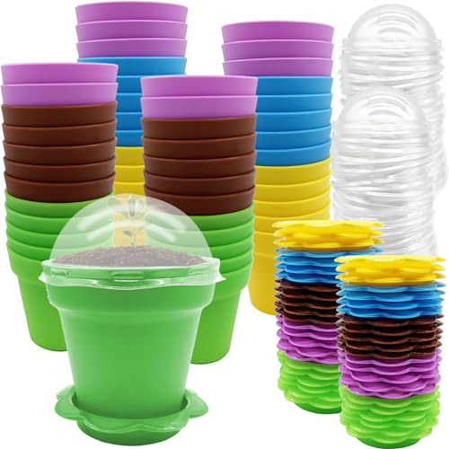 PURPLE STAR 1N 50 Packs Cupcake Plant Nursery Pots with Humidity Dome- Planting Containers Cups- Small Flower Pots for Indoor Outdoor Plant Succulent Vegetable (Mixed Color) - color: 50 Packs