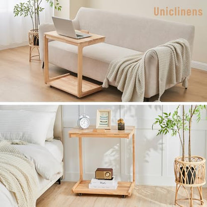 Uniclinens Couch Tables that Slide Under - Rolling Side Table C Shape, Wooden Slim Sofa Desk with Wheels, Small TV Tray for Laptop Multi-Purpose Living Room Bedroom, Natural - color: Natural, style: Style 3