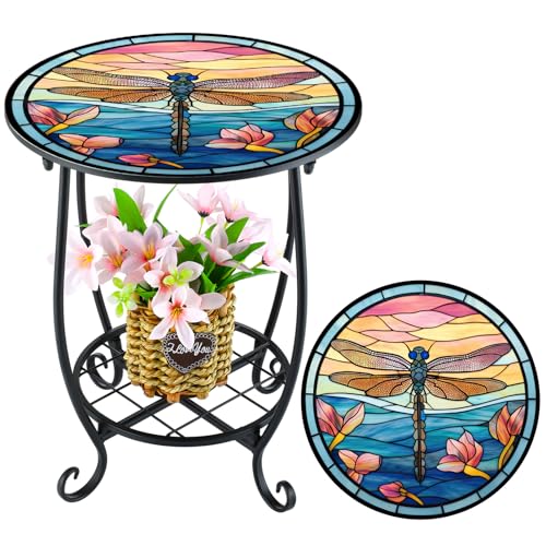 Cinnvoice Outdoor Side Table Round Small Mosaic Patio Accent Indoor End Plant Coffee Tea Table for Yard Patio Porch Garden Living Room, Bedroom(Dragonfly Style,12 Inch) - size: 12 Inch, style: Dragonfly Style