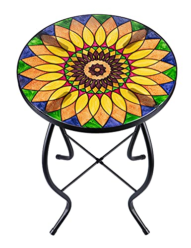 VCUTEKA Sunflower Outdoor Side Table, Mosaic Design, Small Glass Top, Round, Patio Side Table, Balcony Coffee Table, Indoor, 14 inches, Yellow - color: Yellow