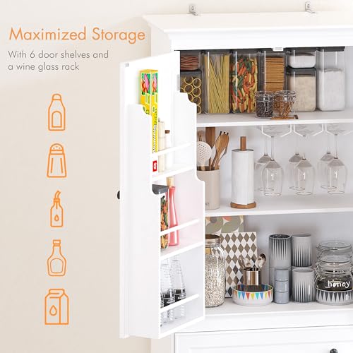 Spirich 71-Inch Tall Kitchen Pantry Cabinet with 2 Slide-Out Racks, White | Large Center Drawer, 6 Built-In Door Shelves, Stemware Rack, 1 Adjustable Shelf, Water-Based Finish, FSC-Certified Wood