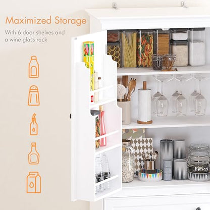 Spirich 71-Inch Tall Kitchen Pantry Cabinet with 2 Slide-Out Racks, White | Large Center Drawer, 6 Built-In Door Shelves, Stemware Rack, 1 Adjustable Shelf, Water-Based Finish, FSC-Certified Wood