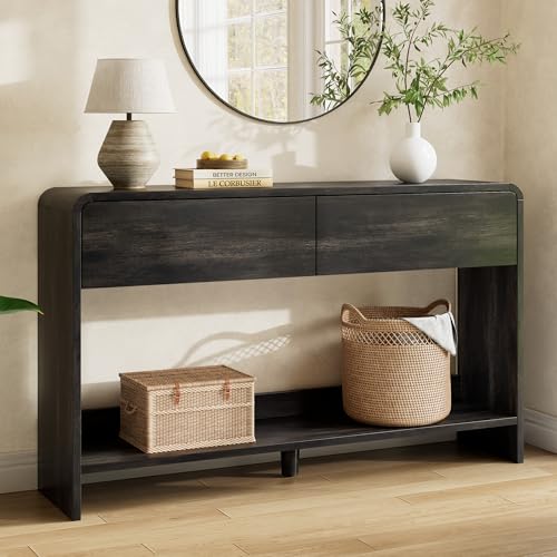 AMERLIFE 55" Modern Entryway Console Table with 2 Storage Drawers | Open Bottom Shelf, Wood Grain Finish, Rounded Edges, Long Sofa Table, Behind Couch, Hallway, Foyer, Living Room, Black - color: Black - Flat Panel, size: 55"