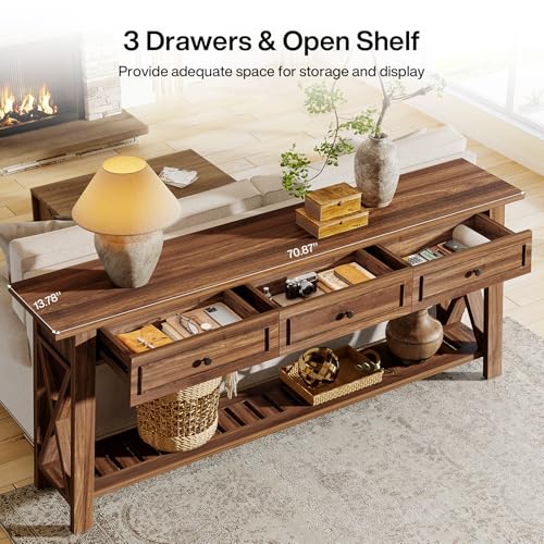 Tribesigns Console Table with 3 Storage Drawers, 70.87 Inches Extra Long Sofa Table Behind Couch with Bottom Shelf, Farmhouse Wooden Entryway Hallway Foyer Table for Living Room, Entrance (Walnut) - color: Walnut