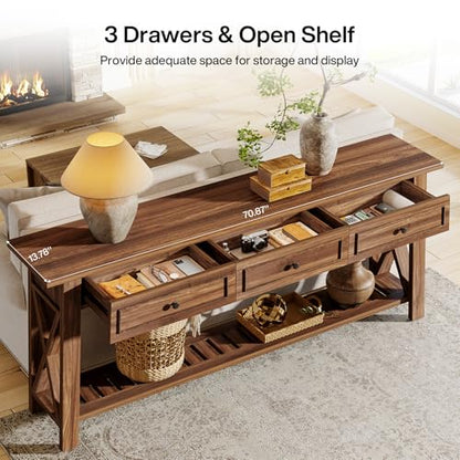 Tribesigns Console Table with 3 Storage Drawers, 70.87 Inches Extra Long Sofa Table Behind Couch with Bottom Shelf, Farmhouse Wooden Entryway Hallway Foyer Table for Living Room, Entrance (Walnut) - color: Walnut