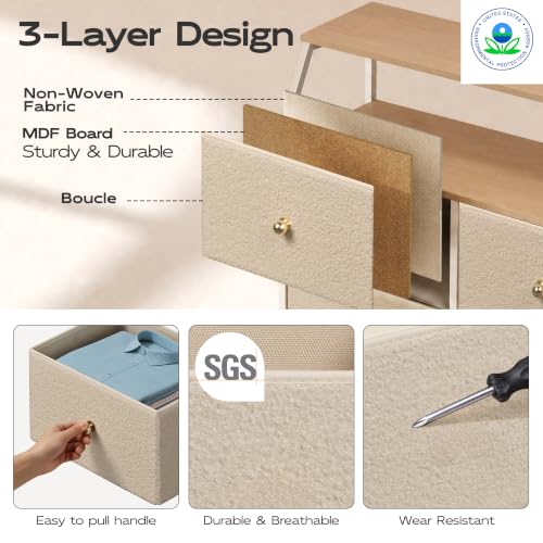 WLIVE Bouclé Dresser for Bedroom, 8 Drawer Fabric Storage Tower Chest,Beige | Premium Bouclé Fabric Dresser, Storage Tower with Open Shelf,Easy Assembly Dresser - color: Beige, style: Raised Shelves