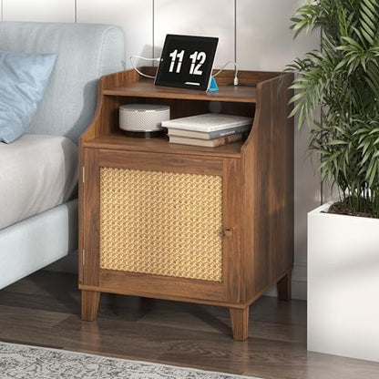 Night Stand Farmhouse Nightstand with Charging Station Bedside Table with Rattan Door&Adjustable Shelf, Wood Couch Side Table End Table for Bedroom, Walnut, 1 Pack - color: Walnut