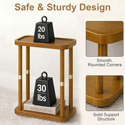 Solid Wood Narrow Side Table, 7.5-Inch Slim End Table for Small Spaces, Skinny Nightstand & Sofa Table with Storage Shelf for Living Room, Bedroom, Amber Brown - color: Amber Brown