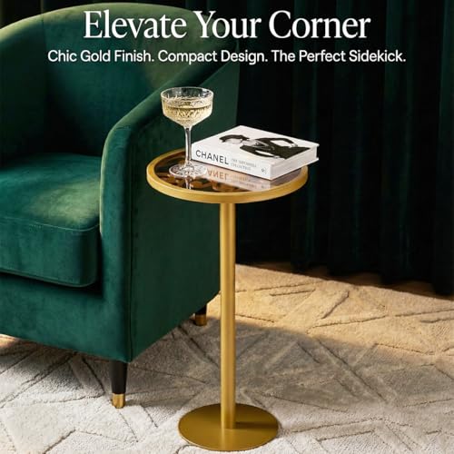 Gold Drink Table, Indoor Outdoor Small Round Side Table with Tempered Glass Top & Scroll Design, 24.7" Metal Pedestal End Table for Living Room, Patio, Small Spaces, Weather Resistant - color: Gold
