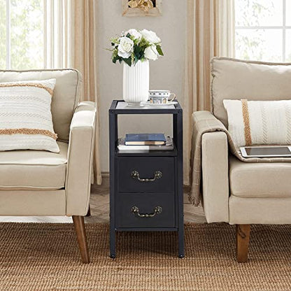 VECELO End Tables, 24" Height Narrow Nightstands, Modern Tall Night Stand with Drawers and Shelf for Living Room, Bedroom,Tempered Glass - color: Classic Black, size: Set of 1
