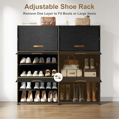 Shoe Storage Cabinet with Door, 42 Pairs Shoe Rack 2 by 7 Tier Space Saving Plastic Shoe Organizer with Cover for Closet, Hallway, Living Room, Bedroom, Garage, Black - size: 2 by 7(42 Pairs)