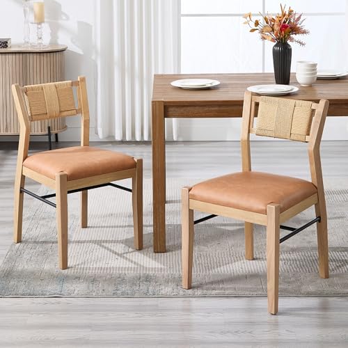 BESTANO Modern Armless Dining Chairs with Rope Woven Back Set of 2, Brown PU Leather Upholstered Kitchen & Dining Room Chairs, Mid-Century Classic Farmhouse Wooden Side Chair - color: Brown, size: 2 Chairs