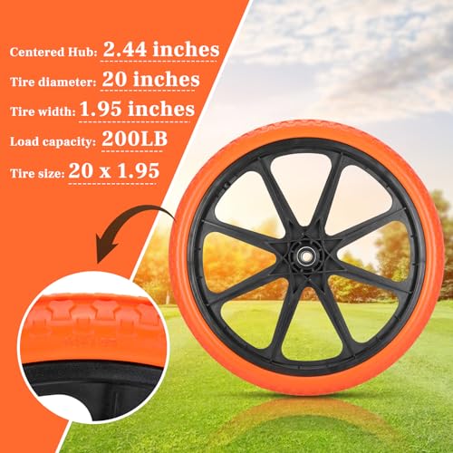 Upgraded 20x1.95" Flat Free Tires for rubbermaid Wheelbarrow Wheels | 20" Flat Free Tires with 5/8" and 3/4" Bearing Replacement for rubbermaid Cart Wheels/Big Wheel Utility Carts - color: Orange