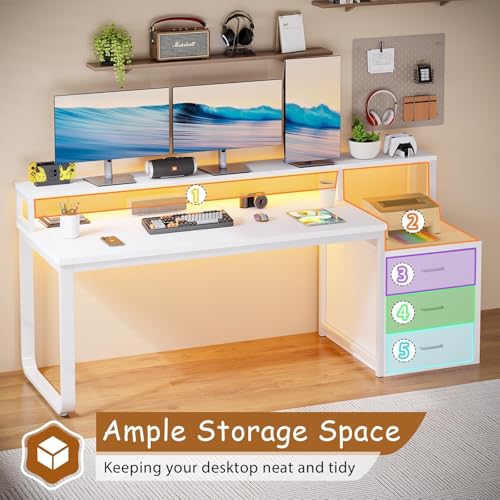 HOMBCK White Computer Desk with 3 Drawers and LED Lights, 67" Home Office Desk with Long Monitor Stand and Printer Shelfe, Writing Desk with Storage, Reversible Design，White - color: White