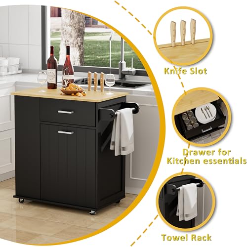 HQZX Rolling Kitchen Island with Trash Can Storage, Portable Kitchen Island on Wheels with Towel Rack & Spice Rack, Tilt Out Trash Can Cabinet with Drawer, Mobile Island Cart (Black) - color: Black