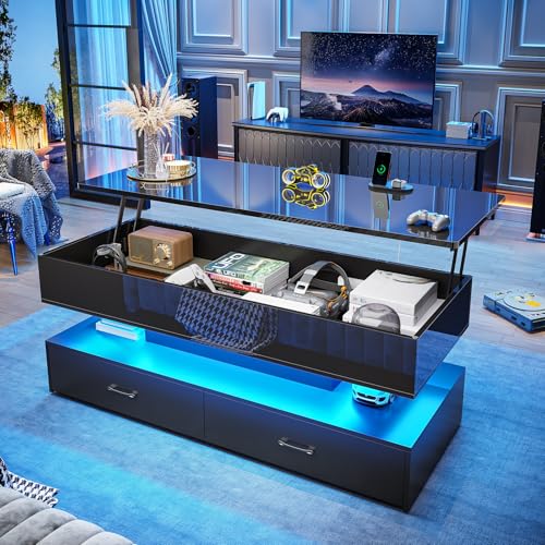 SEDETA 47.2" Lift Top Coffee Table, Coffee Tables with Storage for Living Room, 2 Drawers Coffee Table with Power Outlet & LED Light for Dining Reception Room, High Gloss Black - color: High Gloss Black, size: 47.2"