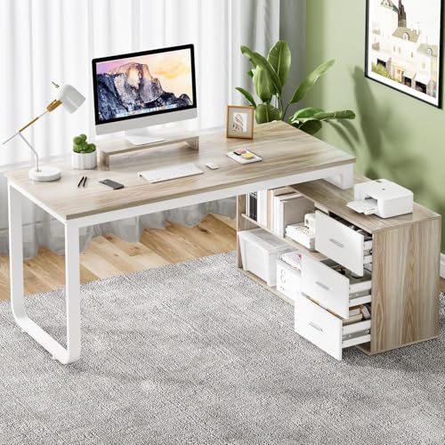 MaverickFurni 55" L Shaped Office Desk with Drawers, White and Walnut | Home Office Desk with Monitor Stand for Work Writing Study, Reversible Corner Desk with Drawers - color: White and Walnut