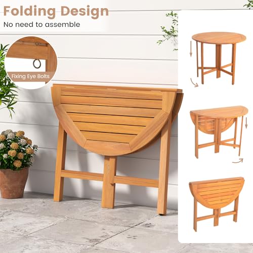 Tangkula 36 Inches Outdoor Folding Round Dining Table, No Assembly Patio Acacia Wood Bistro Table with Slatted Tabletop, 4-Person Outside Dining Furniture for Backyard, Porch, Balcony - size: 36"