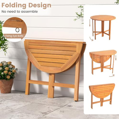 Tangkula 36 Inches Outdoor Folding Round Dining Table, No Assembly Patio Acacia Wood Bistro Table with Slatted Tabletop, 4-Person Outside Dining Furniture for Backyard, Porch, Balcony - size: 36"