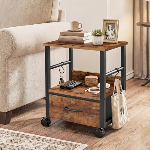 HOOBRO 2-Tier Printer Stand, Under Desk Printer Table with Drawer, Printer Cart with Storage, with Casters/Adjustable Feet, for Home Office, Study, Living Room, Rustic Brown and Black, BF20PS01