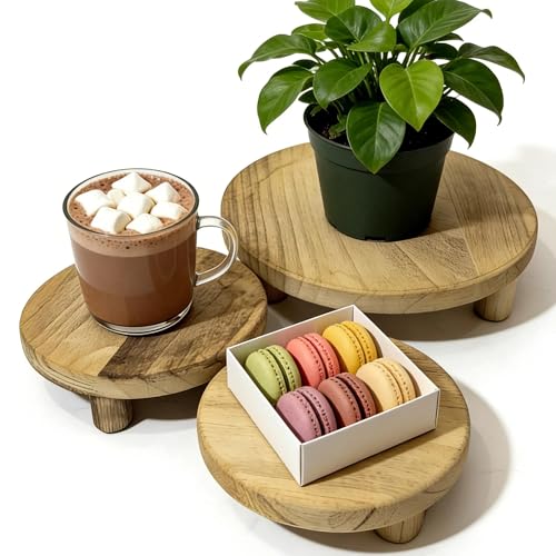 6/8/10 Inch Set of 3 Round Wood Risers, Farmhouse Wooden Pedestal Display Stands, Natural Solid Wood Plant Riser for Kitchen Counter, Bathroom, Desktop Decor, Cake Cupcake Candle Display, - color: lightbrown