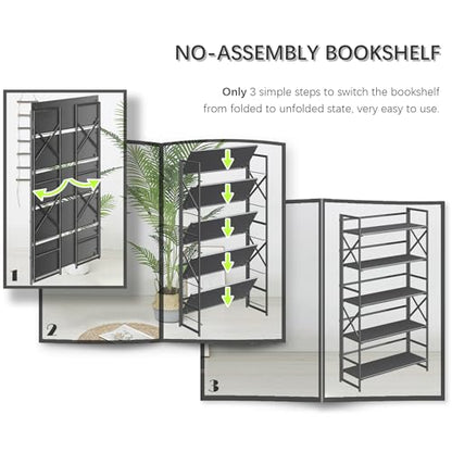 4NM Extra Wide 5 Tiers No Assembly Book Shelves, 51.2" H Folding Bookshelf Bookcase Open Industrial Foldable Shelves for Bedroom, Living Room, Home Office - All Black - color: All Black, size: Wide XX 5-Tier