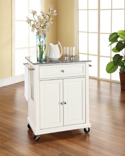Crosley Furniture Compact Granite Top Small Rolling Cart with Shelves, Microwave Stand with Towel Rack, White - color: White, style: Gray Granite Top
