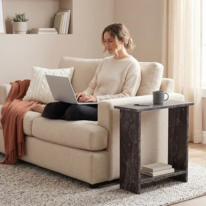 Narrow Side Table for Living Room, Slim End Table for Small Spaces Between Couch, Recliner or Armchair, 2 Tier Skinny Table with Open Shelf, Engineered Wood Sofa Beverage Thin Stand (Black Marble) - color: Black Marble