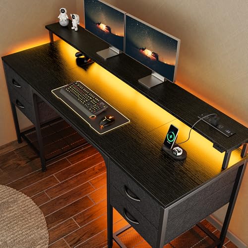 Huuger 63 inch Computer Desk with 4 Drawers, Gaming Desk with LED Lights & Power Outlets, Home Office Desk with Large Storage Space for Bedroom, Work from Home, Black - color: Black, size: 63 Inch