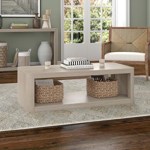 Henn&Hart 47" Rectangular Low-Profile Coffee Table with Open Storage Shelf for Living Room, Family Room, or Office, Beech White - color: Beech White