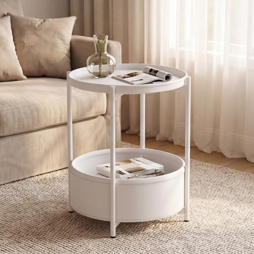 Garden 4 you Side Table with Fabric Storage Basket, Round Metal End Table, Small Bedside Table Nightstand with Removable Tray, for Nursery, Living Room, Bedroom, Bathroom, White - color: White
