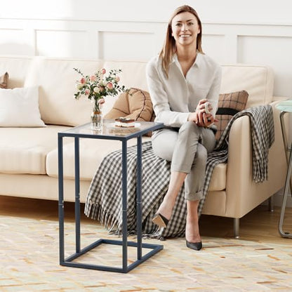 C Table End Table, Glass Couch Side Table, Tempered Glass Snack Side Table with Metal Frame, TV Tray Table for Small Space, Sofa Couch Side Tableand Bed Side Table(Blue) - color: Blue