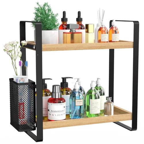 LEMIKKLE 2-Tier Wood Bathroom Counter Organizer with Basket,Waterproof Vanity Perfume Skincare Storage for Bathroom, Kitchen, Dresser - color: Light Brown