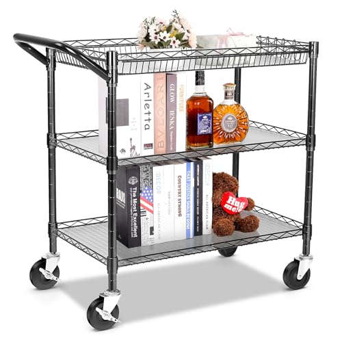 YNN Black Utility Rolling Cart,990Lbs 3 Tier Heavy Duty Metal Cart with Wheels & Handle NSF Wheeled Cart 31" D x 18" W x 33" H for Bedroom, Bathroom, Kitchen,Garden,Decor,Serving - color: Black