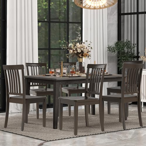 COLAMY Wooden Dining Chairs Set of 6, Solid Rubberwood Kitchen & Dining Room Chairs,Windsor Style Seating, Rustic Dining Table Chairs, Non-Slip Foot Pads, Farmhouse & Traditional Seating,Dark Brown - color: Darkbrown, size: Set of 6