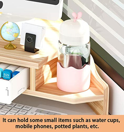 Triangle Monitor Stand Riser,Cut Triangle Save Space Desktop Corner,Desktop corner shelf with drawers wooden computer stand with storage laptop risers office organization. (Have drawers)