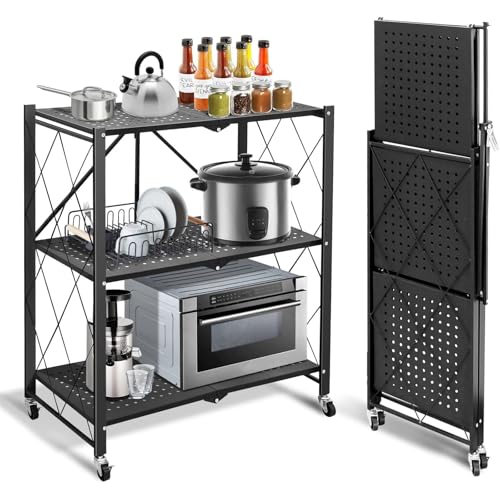 Foldable Storage Shelves with Wheels, Folding Shelving Units Storage, Heavy Duty Metal Collapsible Shelf No Assembly, Large Capacity Pop-Up Organizer for Garage,Kitchen,Living Room, 3-Tier Black