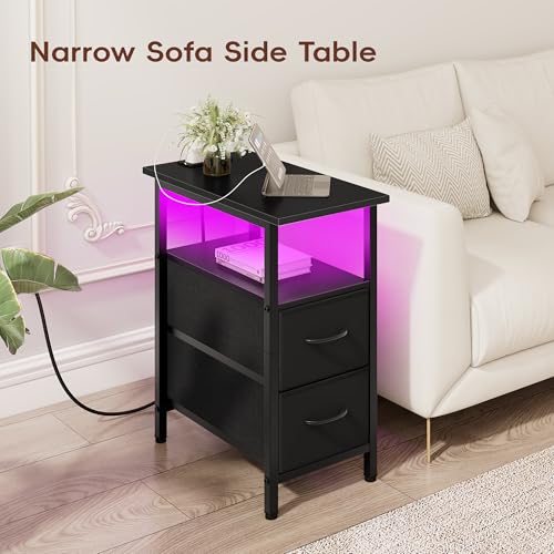 Vagusicc Set of 2 Black Nightstand with Charging Station and LED Lights, Narrow Side Table, LED Night Stand with 2 Fabric Drawers, Bedside Table Small End Table, Tall Nightstand for Bedroom, Black - color: Black, size: 2, style: With LEDs