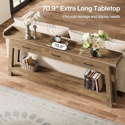 Tribesigns 70.9-Inch Sofa Console Table with 3 Drawers, 2-Tier Extra Long Farmhouse Entryway Table with Raised Baffle and Storage Shelves for Living Room, Couch, Hallway, Foyer, Entrance, Rustic Brown