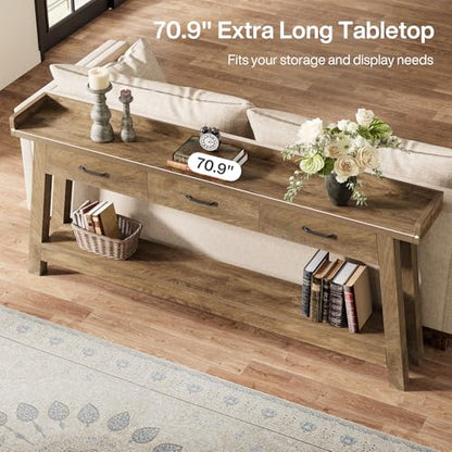 Tribesigns 70.9-Inch Sofa Console Table with 3 Drawers, 2-Tier Extra Long Farmhouse Entryway Table with Raised Baffle and Storage Shelves for Living Room, Couch, Hallway, Foyer, Entrance, Rustic Brown