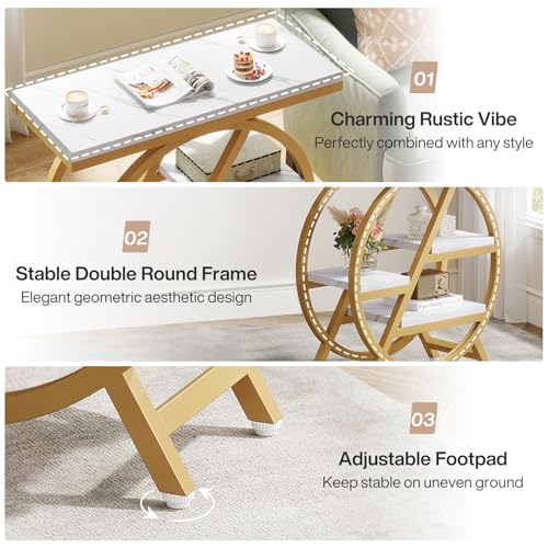 Tribesigns End Table for Living Room, 3-Tier Faux Marble Side Table with Storage, Wood Narrow Sofa Side Table with Geometric Metal Frame, Modern Nightstand and Bedside Table for Bedroom, Gold & White - color: White & Gold