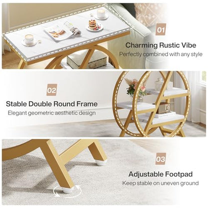 Tribesigns End Table for Living Room, 3-Tier Faux Marble Side Table with Storage, Wood Narrow Sofa Side Table with Geometric Metal Frame, Modern Nightstand and Bedside Table for Bedroom, Gold & White - color: White & Gold