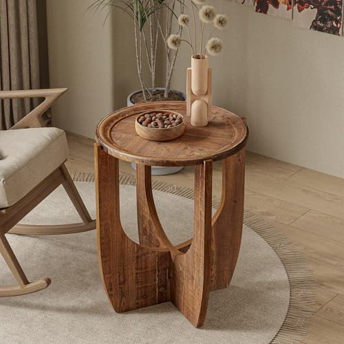 COZAYH Rustic Farmhouse Round End Table with Tray Top, Curved Legs, Brown | French Country Accent Side Table for Small Spaces, Family, Dinning or Living Room, Modern