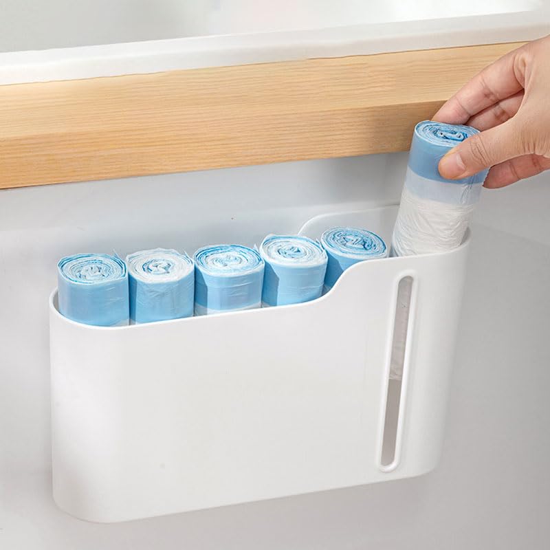 Trash Bag Holder, Stackable Garbage Bag Dispenser, Compact Dispenser with Built-In Slot for Multi-Roll Storage, Kitchen Bathroom and Utility Room Organizer, White