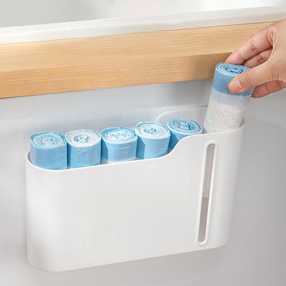 Trash Bag Holder, Stackable Garbage Bag Dispenser, Compact Dispenser with Built-In Slot for Multi-Roll Storage, Kitchen Bathroom and Utility Room Organizer, White