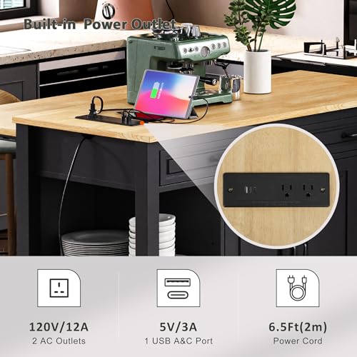47 Extendable Countertop Coffee Station, Kitchen Storage Cabinets with Power Outlet, Kitchen Island Table with Rubber Wood Veneer for Kitchen use, Black - color: Black