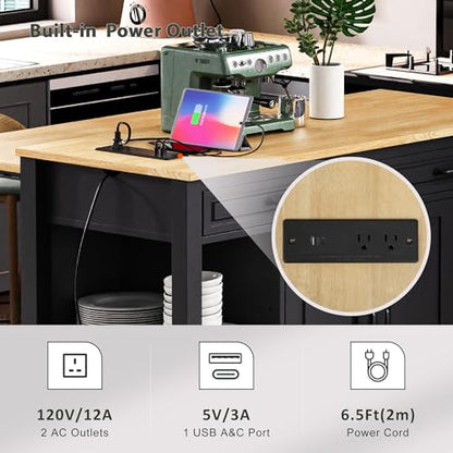 47 Extendable Countertop Coffee Station, Kitchen Storage Cabinets with Power Outlet, Kitchen Island Table with Rubber Wood Veneer for Kitchen use, Black - color: Black