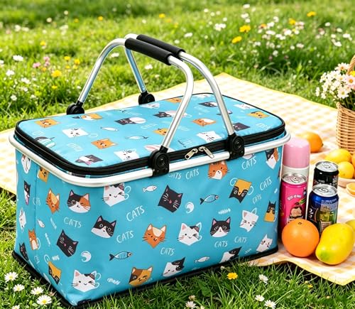 Upgrade Shopping Bag Picnic Basket 2 Layers of Internal Pockets Leak-Proof Insulated Cooler Bag Bag Collapsible Shopping Basket Folding Grocery Basket Bag for Picnic Travel(Blue Cat) - color: Blue Cat