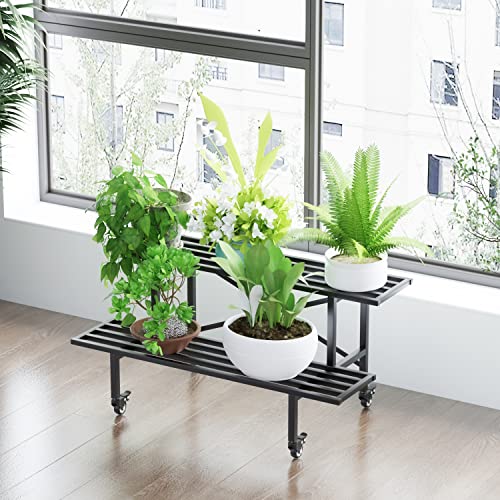 Zhongma 2 Tier Sturdy Metal Plant Stand with Wheels Heavy Duty Plant Holder for Home Indoor and Outdoor,L45.67 x W17.5 x H16.14 inch,440 LBS Capacity & Heavy Duty Construction